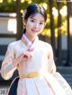 A young girl wearing a white and blue hanbok.